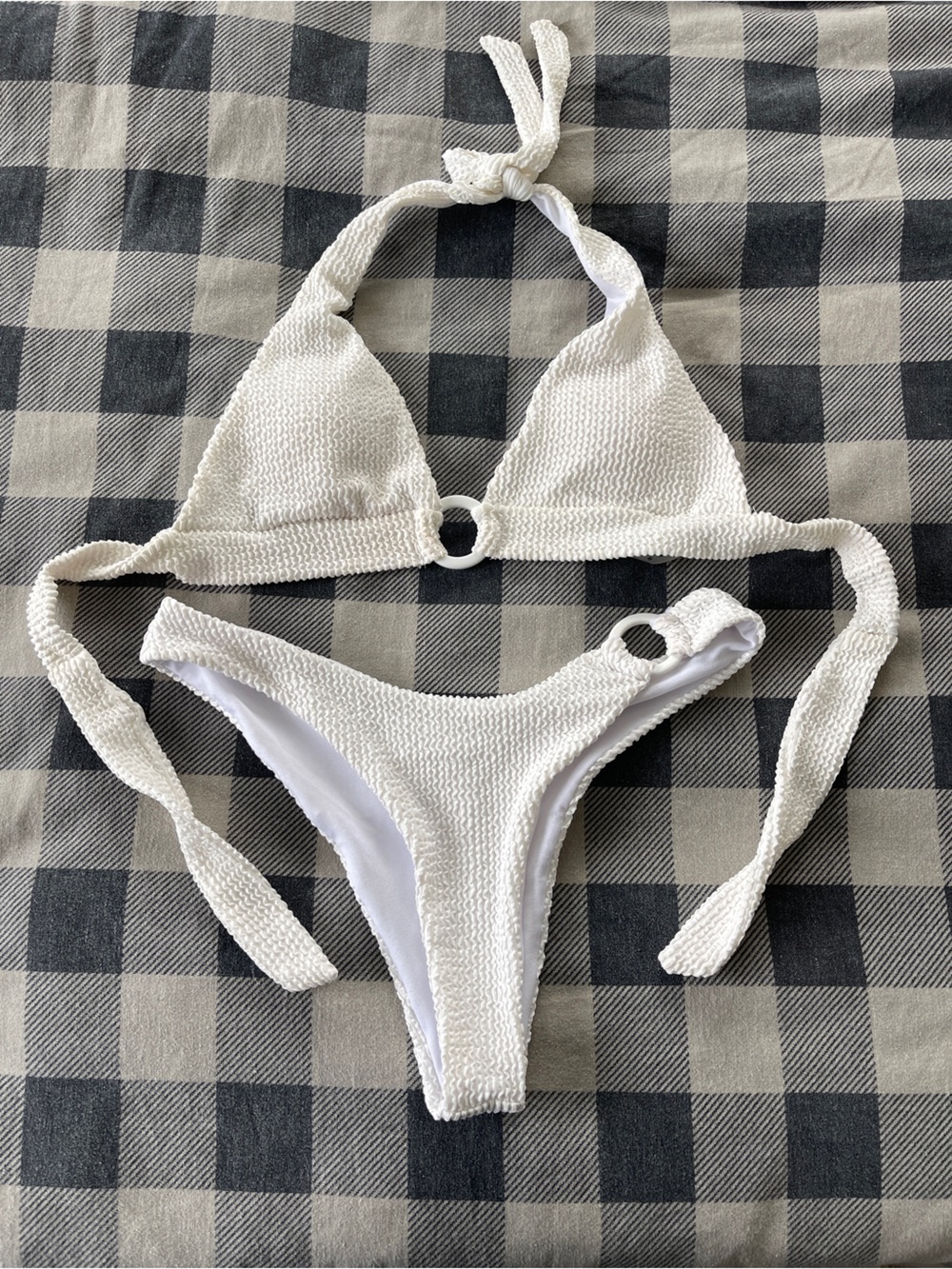 White Crinkle Bikini Set O Ring Textured Triangle Top High Cut Bottoms S